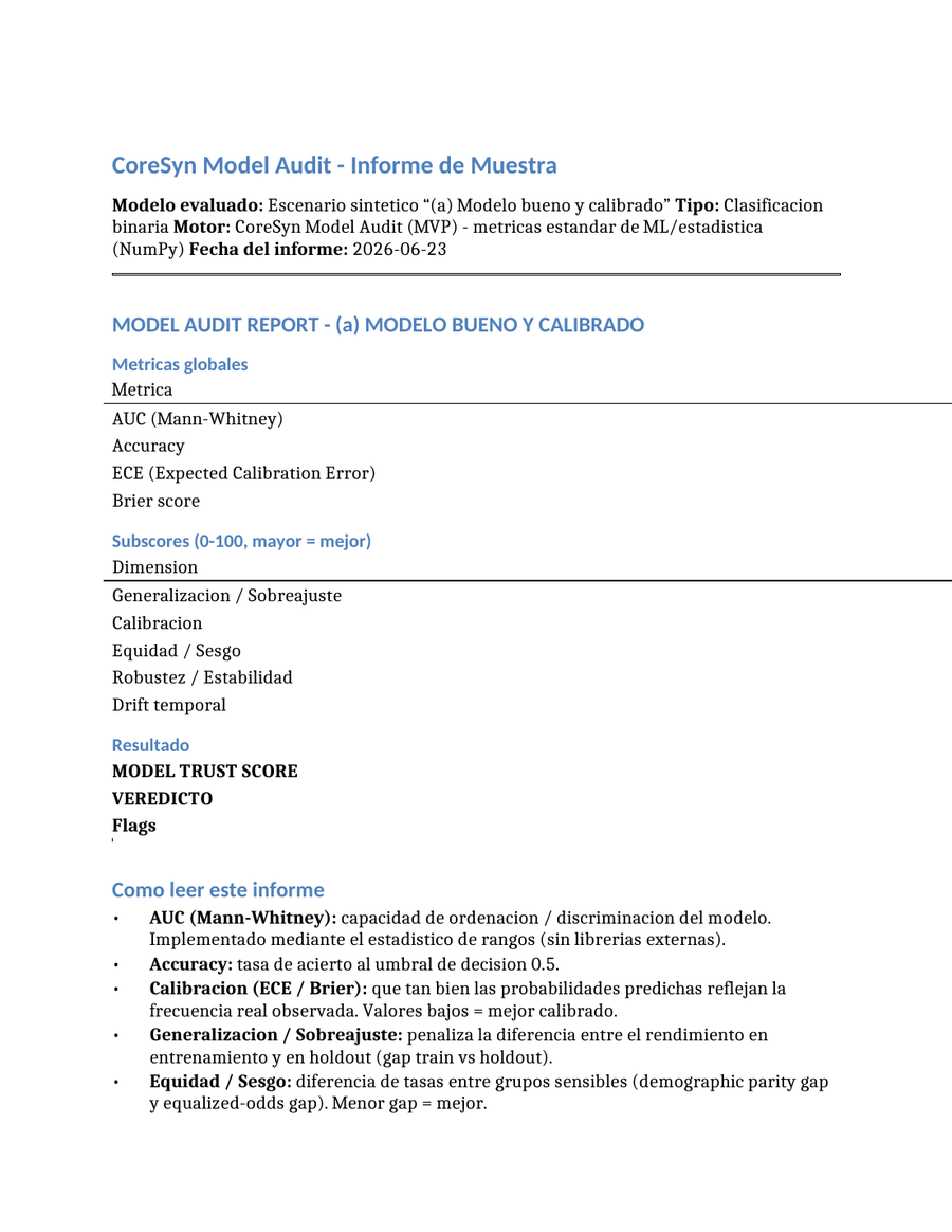 Página de un informe de muestra real de CoreSyn Model Audit